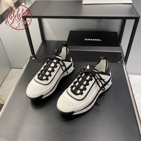 Chanel Suede Trainer White Black With Gold Logo